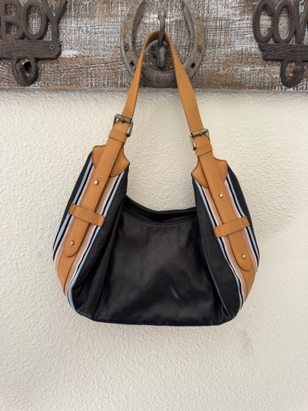 Franco Sarto Black Shoulder Bag with Tan Straps and Multicolor Stripe
